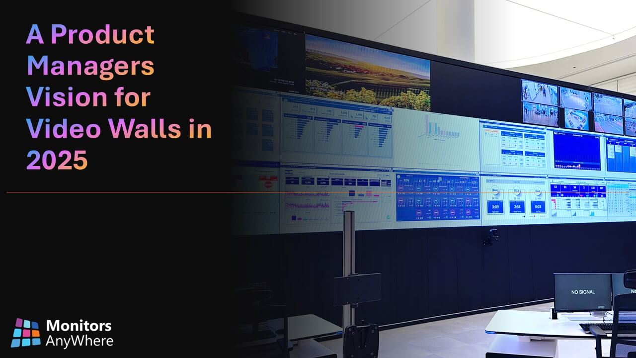 Modern 2025 control room with advanced LED video wall system, real-time data visualization, and collaborative digital signage technology for operations and monitoring