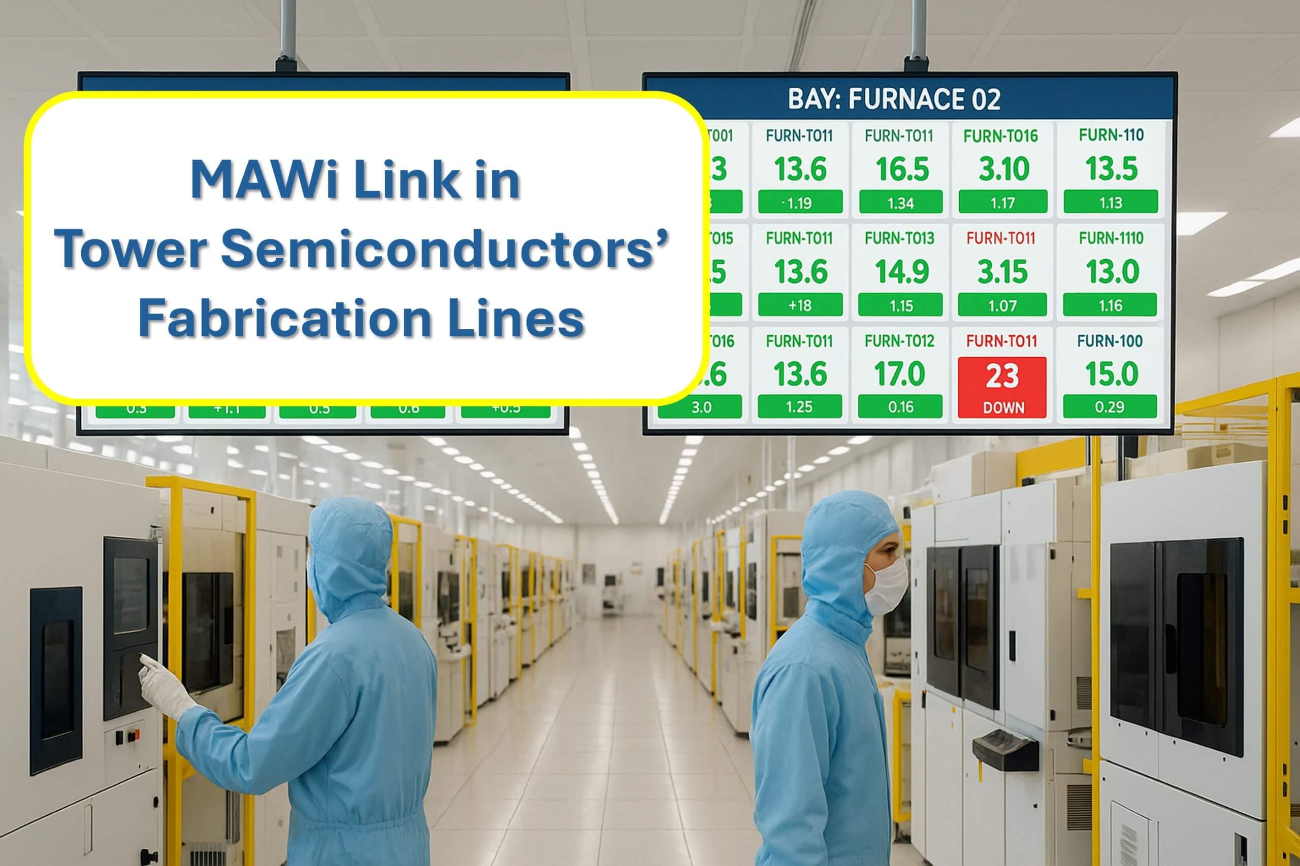 Two semiconductor cleanroom technicians in blue full-body suits operate equipment beneath two large 16:9 overhead display screens showing real-time furnace status tiles in green and red.